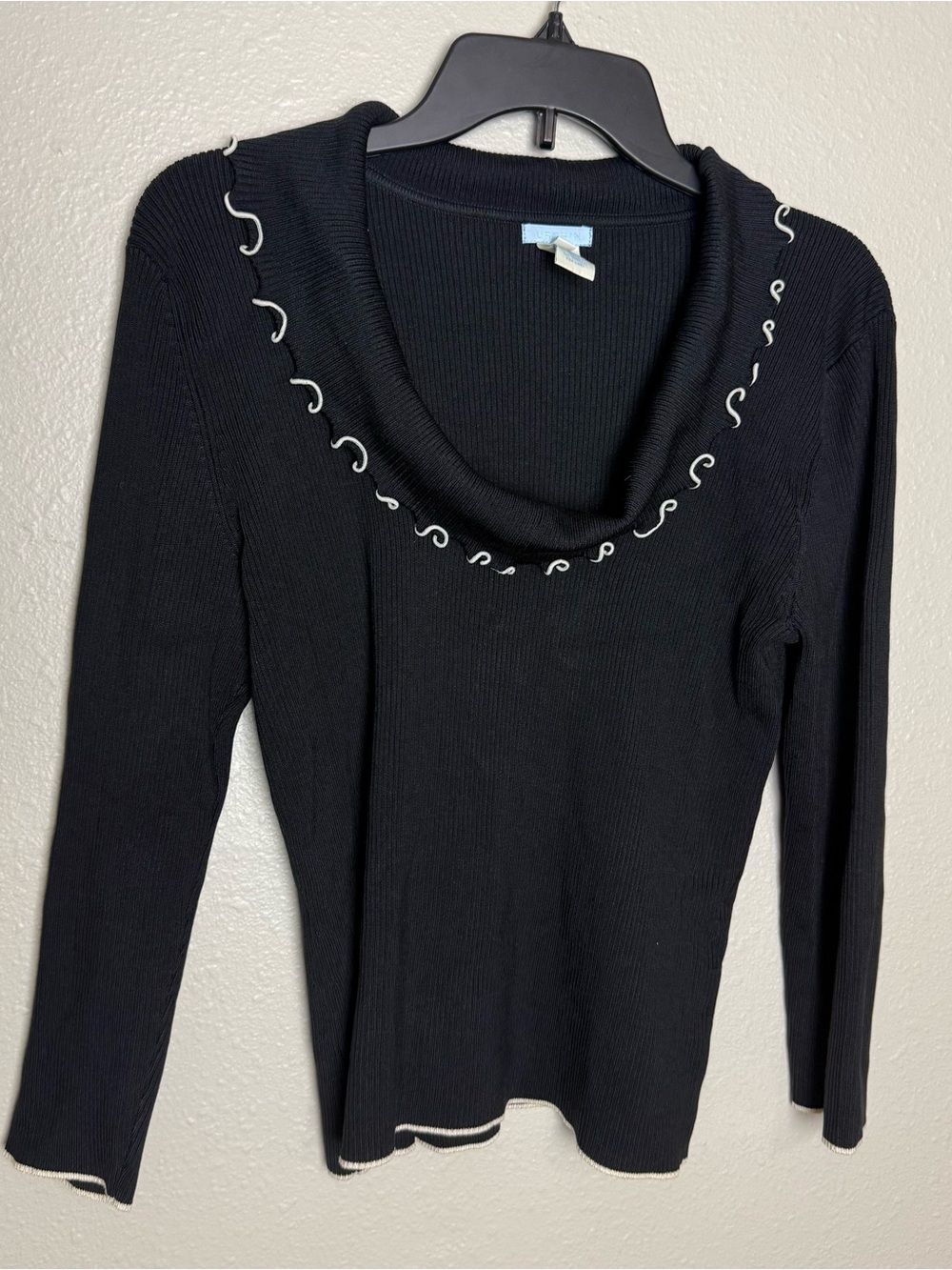 Vintage Silk Blend Ribbed Sweater Black Cowl Neck with Accent Loops